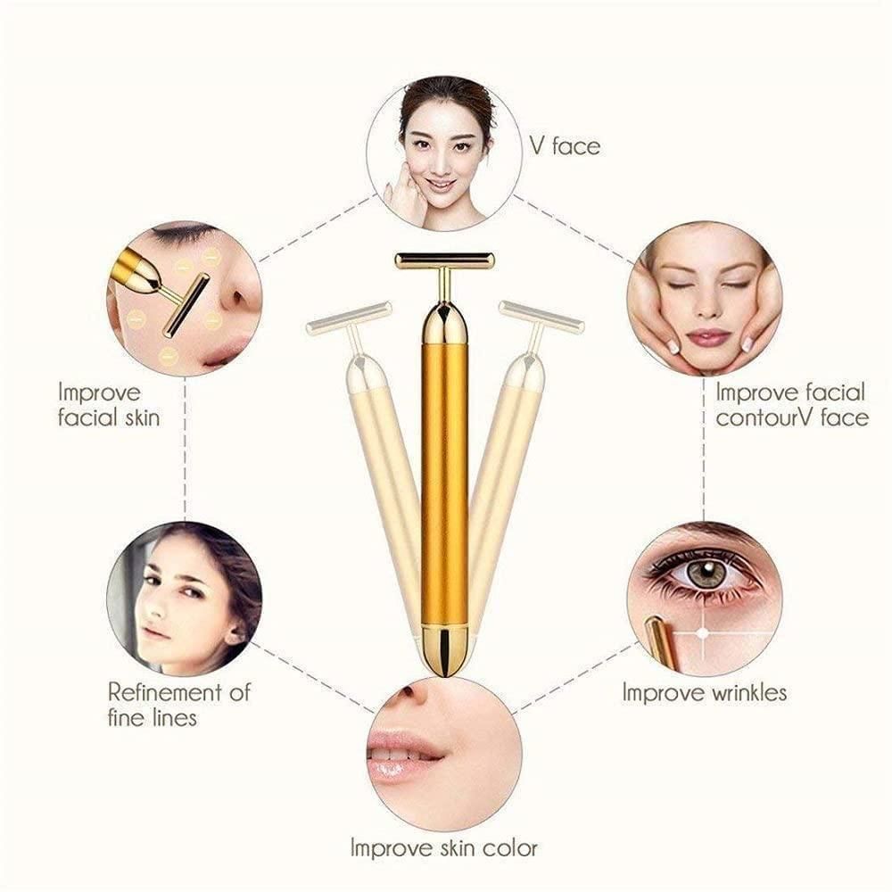 24K Gold Face Massager T Shape Electric & Vibrating Face Roller,Beauty Bar Electric Facial Massage Roller Waterproof Face Skin Care Anti wrinkle Battery Powered Massager For Forehead Cheek Neck Facial Roller Golden