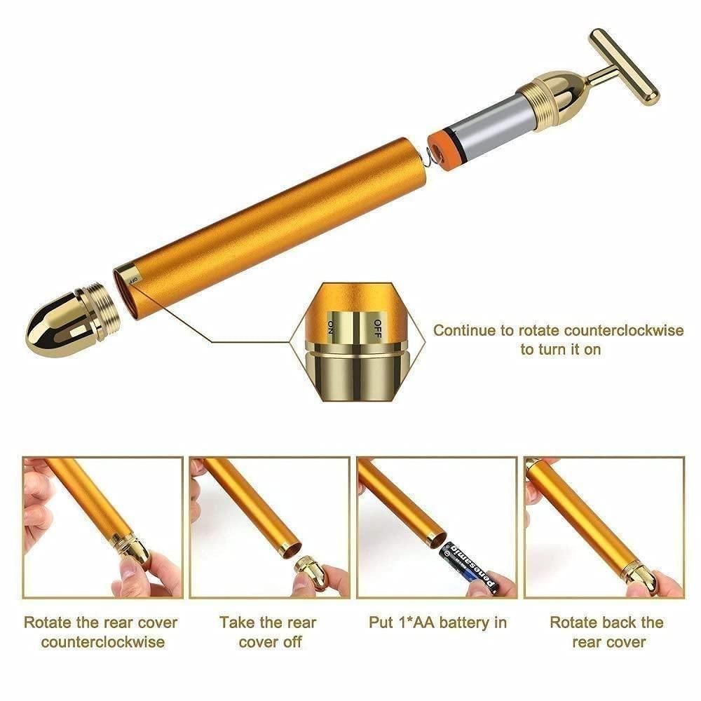 24K Gold Face Massager T Shape Electric & Vibrating Face Roller,Beauty Bar Electric Facial Massage Roller Waterproof Face Skin Care Anti wrinkle Battery Powered Massager For Forehead Cheek Neck Facial Roller Golden