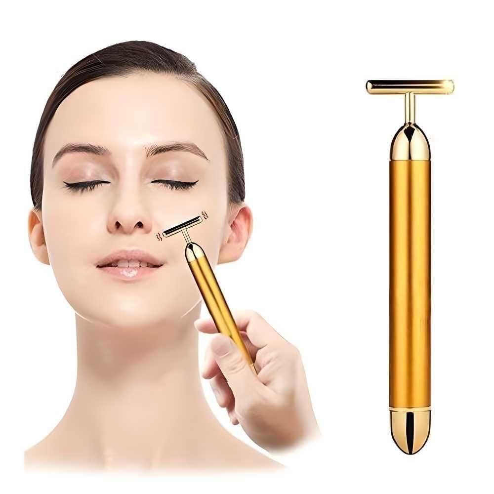 24K Gold Face Massager T Shape Electric & Vibrating Face Roller,Beauty Bar Electric Facial Massage Roller Waterproof Face Skin Care Anti wrinkle Battery Powered Massager For Forehead Cheek Neck Facial Roller Golden