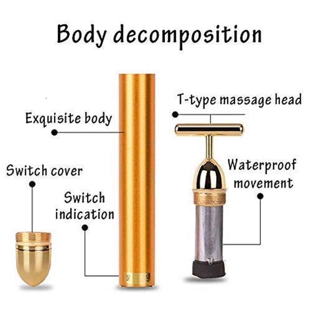 24K Gold Face Massager T Shape Electric & Vibrating Face Roller,Beauty Bar Electric Facial Massage Roller Waterproof Face Skin Care Anti wrinkle Battery Powered Massager For Forehead Cheek Neck Facial Roller Golden