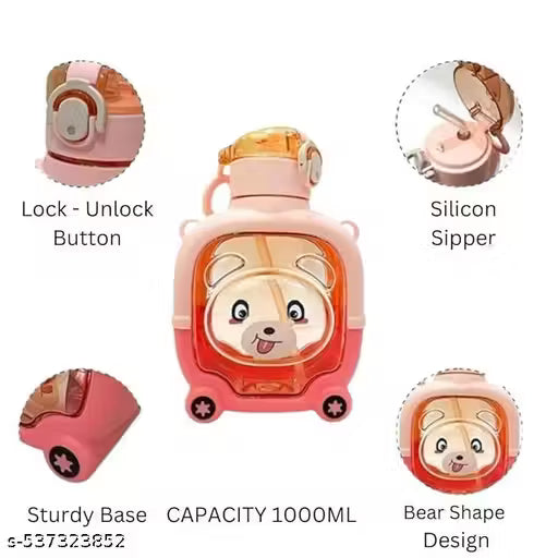 Goyoku 1000ml Bear-Shaped Kids Water Bottle | Leak-Proof & BPA-Free with Straw + Strap